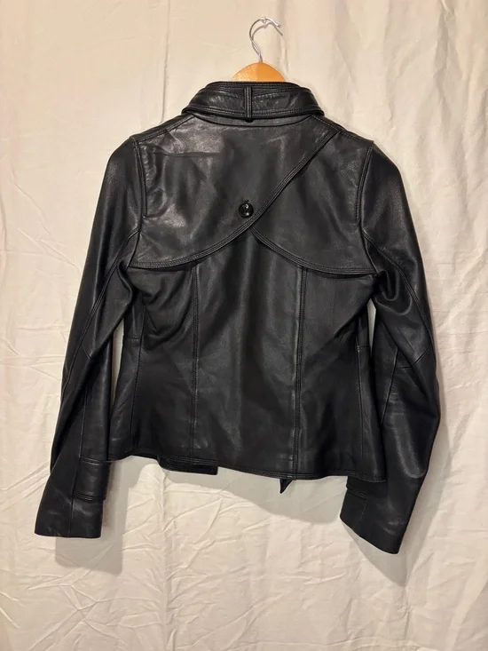 Soia & Kyo Black Genuine Leather Jacket XS Hip Length Button Front Designer - Picture 13 of 14